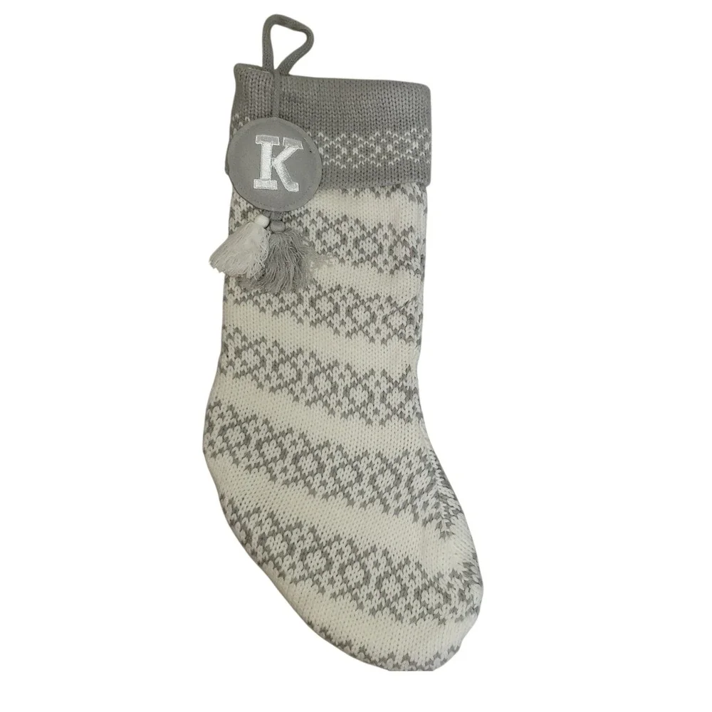 Wondershop Knit Fair Isle Monogram Christmas‎ Stocking gray/white w/ initial 